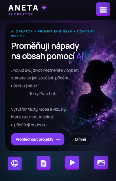 Domovská stránka portfolia Anety Lorencové na mobilu