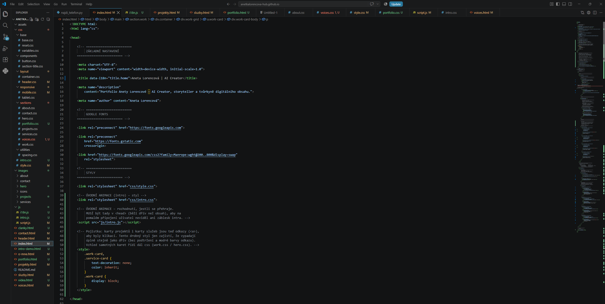 Struktura projektu v VS Code portfolia Anety Lorencové